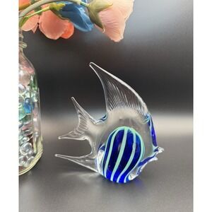 Murano Style Art Glass Angel Fish Blue/Teal Paperweight Hand Blown 4.5"Long